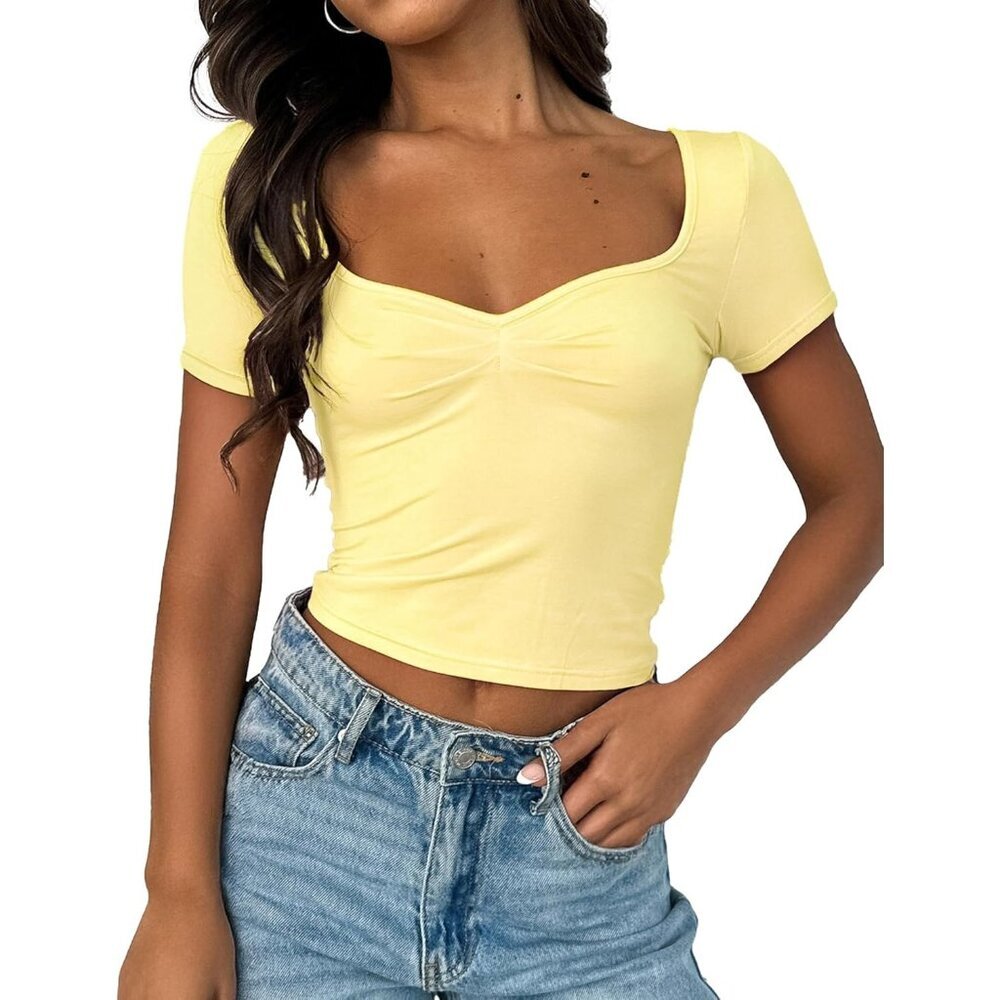 Women's Cropped Tops Yellow Short Sleeve Pleated Ruched Casual Sweetheart Neck